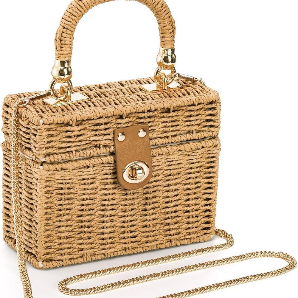 Square Straw Handbag Handmade Rattan Crossbody Bag Boho Tote For Summer